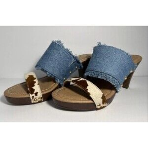 Comfort Est. 1946 Women's Sandals  Blue Denim Cow Print 9M Heels Open Mules NEW